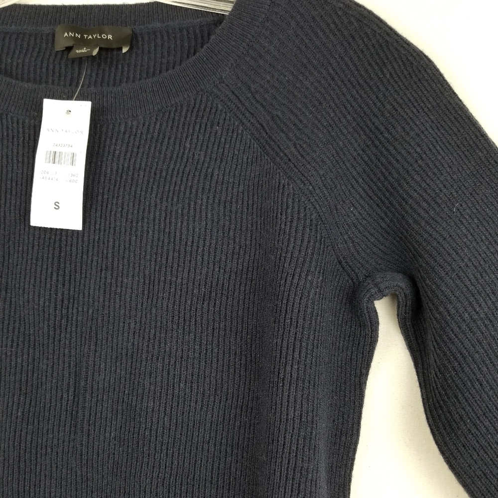 New Ann Taylor Navy Blue Wool Bow Tie Cuff Ribbed Sweater Size Small - Picture 5 of 11